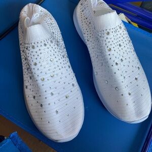 White Slip-On Women's Shoes with Rhinestone Detailing